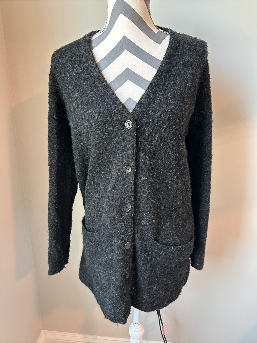 J. McLaughlin Black Cardigan Large Superwash Wool Long Chunky Fuzzy Knit Pockets